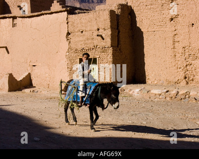 Kinder reiten einen Esel in Berber Dorf, Draa-Tal, Marokko, Nordafrika Stockfoto