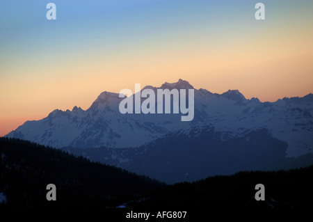 Winter Sonnenuntergang, Valmeinier, Frankreich Stockfoto