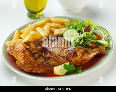 Halbe Hähnchen und Pommes frites Pommes frites Stockfoto