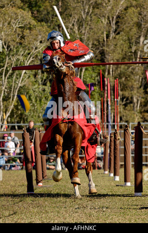 Mittelalterliche Ritter zu Pferd, Teilnahme an einem Turnier Reenactment Stockfoto