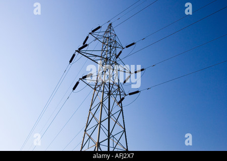 Masten und Stromleitungen Stockfoto