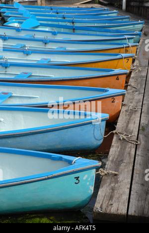 Mehrere kleine Ruderboote, Rümpfe malte Licht blau innen und etwas Orange außerhalb, zum Steg festgemacht. Stockfoto