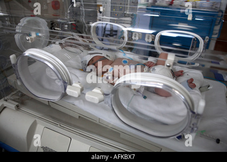 Baby schläft in einem Inkubator Stockfoto