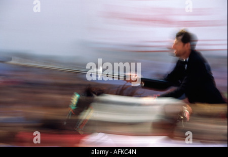 Ein Reiter auf dem Pferd beschleunigt durch die Menge, die ein Ziel mit einer Lanze zu schlagen versucht. Stockfoto