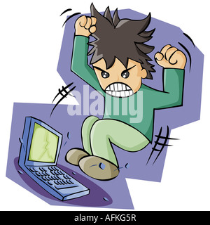 Mann springt auf einem laptop Stockfoto