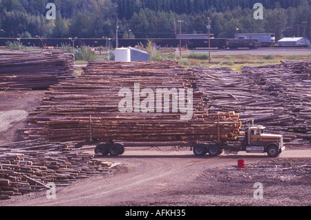 Eine Protokollierung LKW Ankunft am Rundholzplatz in der Nähe von Chetwynd im nördlichen British Columbia Kanada Stockfoto