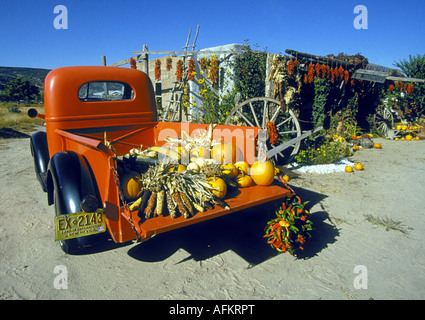 Im Rio Grande Tal des nördlichen New Mexico einen alten Pickup-Truck mit Herbstgemüse, einschließlich rote Chile gefüllt Stockfoto