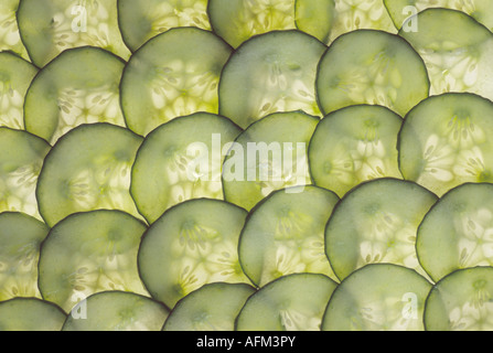 Cucumis Sativus "Fadia" (Gurke) alle weiblichen Typ F1 Hybrid Hintergrundbeleuchtung Gurkenscheiben in Muster gelegt. Stockfoto