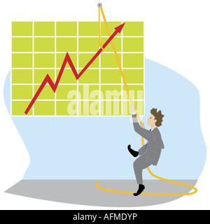 Geschäftsmann, ziehen ein Seil befestigt, ein Liniendiagramm Stockfoto