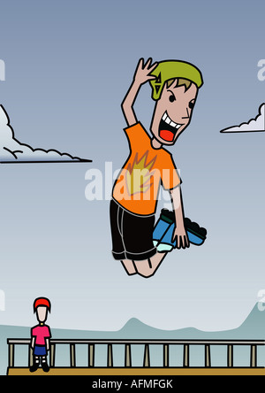 Jungen tragen Rollschuhe und springen in der Luft Stockfoto