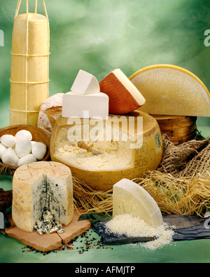 Italienische Käsesorten in Gruppe Farbfoto auf grün getönten gesprenkelte Hintergrund. Hochformat, Studio Tischplatte. Klassisches Bild. Stockfoto