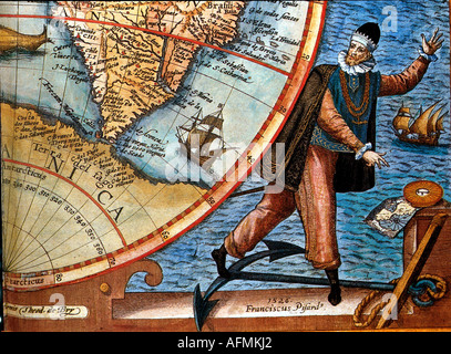 Pizarro, Francisco, ca. 1475 - 26.6.1541, spanischer Konquistador, volle Länge, Farbgravur, Detail aus der amerikanischen Karte von Theodor de Bry, Frankfurt, 1596, Privatsammlung, Washington, historisch, historisch, Stockfoto