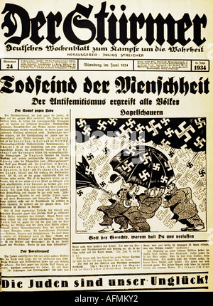 Nationalsozialismus/Nationalsozialismus, Presse, Zeitung "der Stürmer", Nummer 24, Nürnberg, Juni 1934, Titel, Karikatur durch Fips, Stockfoto
