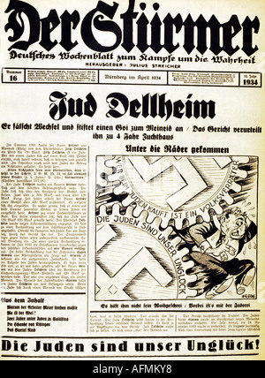 Nationalsozialismus/Nationalsozialismus, Presse, Zeitung "der Stürmer", Nummer 16, Nürnberg, April 1934, Titel, Karikatur durch Fips, Stockfoto