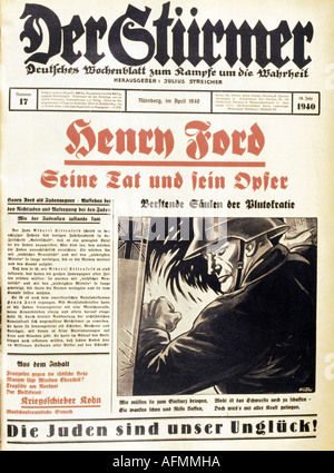 Nationalsozialismus/Nationalsozialismus, Presse, Zeitung 'Der Stürmer', Nummer 17, Nürnberg, April 1940, Titel, Karikatur durch Fips, Stockfoto