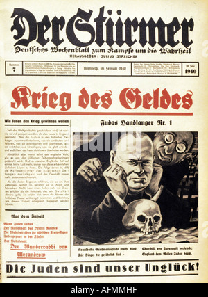 Nationalsozialismus/Nationalsozialismus, Presse, Zeitung "der Stürmer", Nummer 7, Nürnberg, Februar 1940, Titel, Karikatur durch Fips, Stockfoto