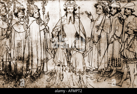 Karl IV., 14.5.1316 - 19.11.1378, Heiliger römischer Kaiser 5.4.1355 - 19.11.1378, auf dem Thron, Zeichnung, Titel eines Waffenarsenals, 1347, Graf von Luxmebourg, König Karel I. von Böhmen, Heiliges Römisches Reich, Mittelalter, 14. Jahrhundert, Stockfoto