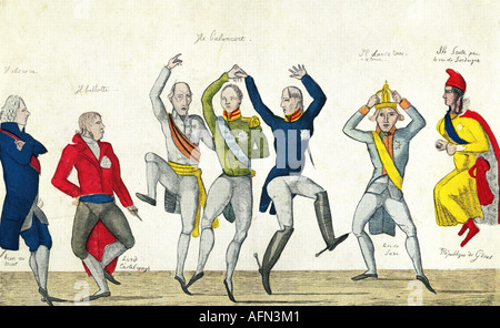 Veranstaltungen, Wiener Kongress, 18.8.1814 - 9.7.1815, französische Karikatur, 1815, Charles Maurice de Talleyrand-Perigord, Außenminister Frankreichs, Robert Stewart, Viscount Castlereagh, Außenminister Großbritanniens, Emperer Francis I. von Österreich, Zar Alexander I. von Russland, König Friedrich Wilhelm III. Von Preßburg, König Friedrich August I. von Sachsen, Republik Genua, Europa, Politik, Talleyrand, 19. Jahrhundert, historisch, historisch, Menschen, Stockfoto
