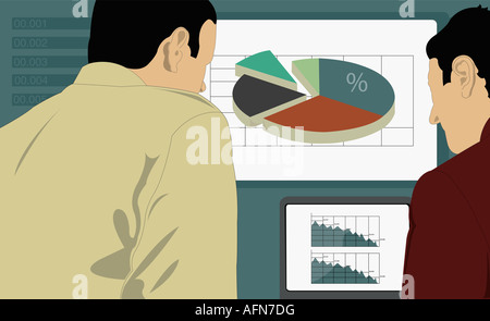 Zwei Geschäftsmänner stehend vor Grafiken Stockfoto