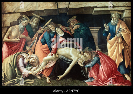 "Fine Arts, Botticelli, Sandro, (1444/5 - 1510), italienischer Künstler (Maler),"Beweinung Christi", um 1490, Panel, 140 x 2 Stockfoto