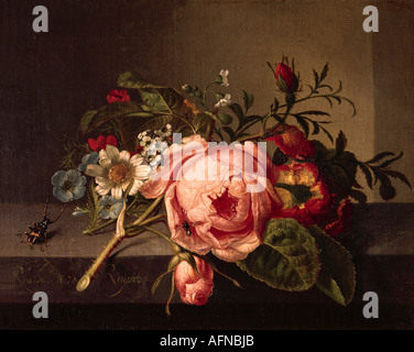"Fine Arts, Ruysch, Rachel, (1664 - 12.8.1750), Malerei,"Rosenzweig Mit Käfer Und Biene", Öffentliche Kunstsammlung, Basel,