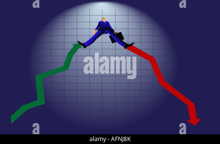Geschäftsmann, balancieren auf der Oberseite zwei Liniendiagramme Stockfoto
