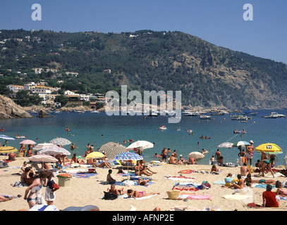 Cala d'Aiguablava Bucht und geschäftiger Strand mit felsiger Hangkulisse beliebte kleine Bucht sonnigen blauen Himmel Tag an der Costa Brava in Girona Katalonien Spanien Stockfoto