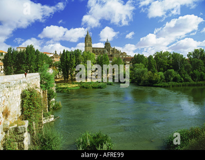 Römische Brücke über den Fluss Tormes mit neuen Kathedrale am Zugbahnhof Spanien Stockfoto