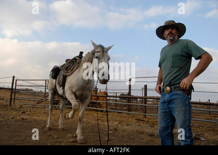Ein israelischer Viehzüchter, der eine Pistole auf einem Bauernhof in den Golan-Höhen im Norden Israels trägt Stockfoto