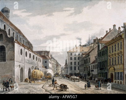 Geografie/Reisen, Deutschland, Städte, München, Straßenszenen, Neuhauser Straße, Aquarell von Heinrich Adam, 1881/8181, Stockfoto