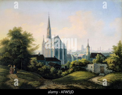 Geographie/Reise, Deutschland, Städte, München, Kirchen, Mariahilfkirche mit Mariahilfkapelle, Zeichnung, erstes halbes 19. Jahrhundert, historisch, historisch, bildende Kunst, Europa, Bayern, Au, Maria, Menschen, Stockfoto