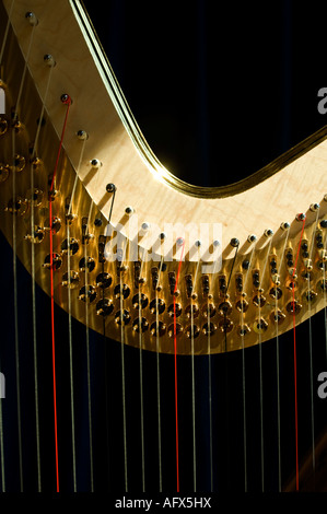 Eine traditionelle voller Größe klassische Konzertharfe Nahaufnahme Detail Saiten Tasten tiefschwarzen Hintergrund Stockfoto