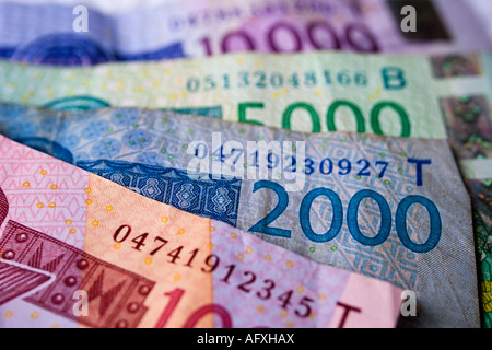 Detail of a 1000, 2000, 5000, and 10000 bank notes from West Africa. Stockfoto