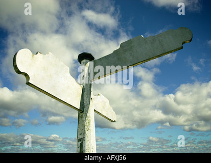 leere 3-Weg Richtung Wegweiser aus Holz vor blauem Himmel Stockfoto