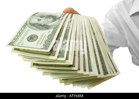 Geld in Händen isoliert auf weiss enthält Beschneidungspfad Stockfoto