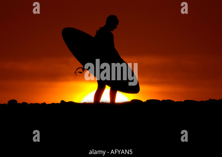 Eine Surfer geht an den Strand mit seinem Surfbrett gegen eine orange roten Himmel bei Sonnenaufgang, Devon Stockfoto