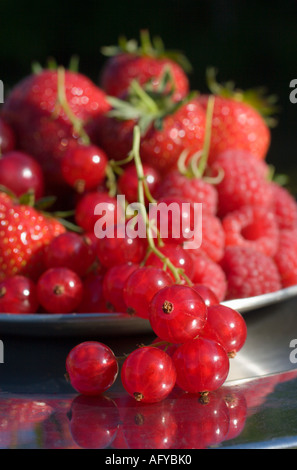Stahl-Platte mit roten Sommer Früchte Erdbeeren, rote Johannisbeeren Kirschen Himbeeren Stockfoto