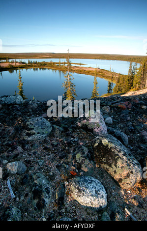 Am frühen Morgen Sonne über der kanadischen Tundra in einem Gebiet namens den Barrens an der Spitze Wasser des Flusses Thelon, Northwest Territories, Kanada. Stockfoto