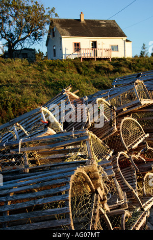 Haufen von alten hölzernen Hummerfallen vor Vintage Angeln Haus, Nova Scotia, Kanada. Foto: Willy Matheisl Stockfoto