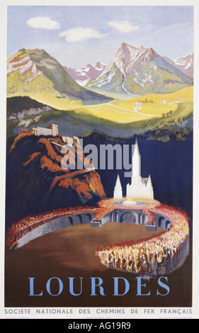 Werbung, Transport, "Lourdes", Société National des Chemins de Fer Francais, Paris, 1951, Plakat, Stockfoto