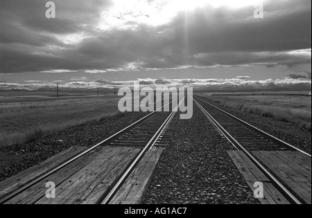 Eisenbahnschienen verschwinden in den Sonnenuntergang im nördlichen Montana, USA Stockfoto