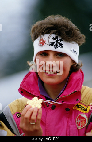 Walliser, Maria, * 27,5.1963, Schweizer Athletin, Alpinski, Porträt, Skiweltmeisterschaft, Crans-Montana, Schweiz, 1987, Stockfoto