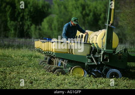 NEIN BIS MAIS SOJA GEPFLANZT IN LUZERNE BEREICH LANDWIRT KONTROLLE ÜBER SAATGUT HOPPERS LUZERNE CHEMISCH IOWA CITY IOWA ABGEBRANNT Stockfoto