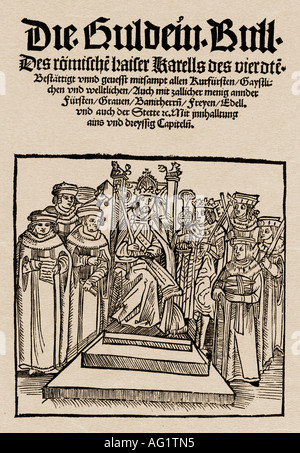 Karl IV., 14.5.1316 - 19.11.1378, Heiliger römischer Kaiser 5.4.1355 - 19.11.1378, auf dem Thron, Holzschnitt, ca. 15. Jahrhundert, Druck der Goldenen Bulle, Wähler, Graf von Luxmebourg, König Karel I. von Böhmen, Heiliges Römisches Reich, Mittelalter, Stockfoto