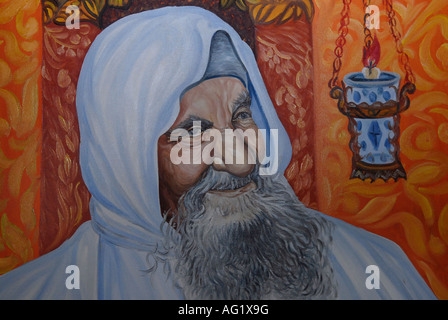 Porträtmalerei des geistigen Führers marokkanischen sephardischen Rabbiner und der kabbalist Israel Abuhatzeira, bekannt als Baba Sali an seinem Grab In Netivot Israel Stockfoto