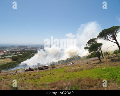 ein Raucher-Busch Feuer an den Hängen des Devils Peak in Kapstadt besucht durch die Feuerwehr Stockfoto