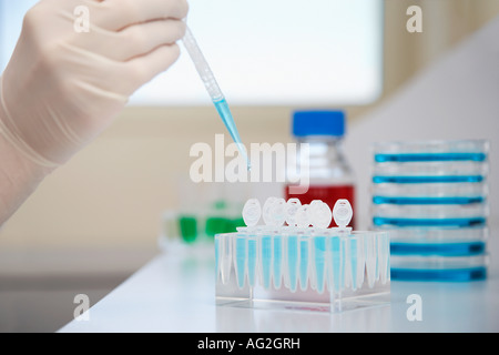 Wissenschaftler, die Reagenzgläser mit Pipette im Labor, Nahaufnahme von Hand ausfüllen Stockfoto