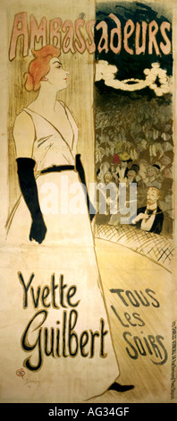 Bildende Kunst, Theophile Alexandre Steinlen, (10.11.1859 - 14.12.1923), Plakat, "iseuse Yyette Guilbert', 1894, Lithographie, 184 x 79 cm, Neue Sammlung München,, Artist's Urheberrecht nicht gelöscht werden Stockfoto