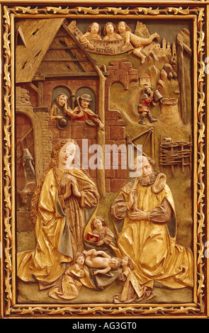 Bildende Kunst, Jesus Christus, Geburt, Altar der Heiligen Maria, der linke Flügel mit der Geburt von Jesus, circa 1480, Holz, Maria Laach am Jauerling Pfarrkirche, Österreich, Artist's Urheberrecht nicht geklärt zu werden. Stockfoto