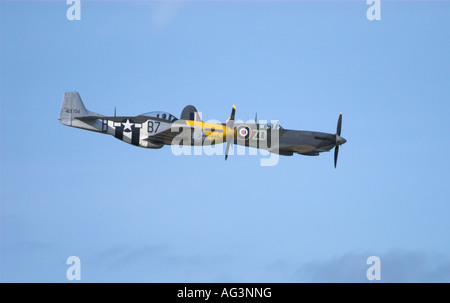 Spitfire und Mustang fliegen in enger Formation in Goodwood Sussex England UK 2007 Stockfoto